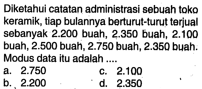 Diketahui catatan administrasi sebuah toko keramik, tiap bulannya berturut-turut terjual sebanyak 2.200 buah, 2.350 buah, 2.100 buah, 2.500 buah, 2.750 buah,  2.350 buah : Modus data itu adalah....