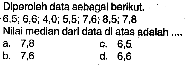 Diperoleh data sebagai berikut. 6,5; 6,6; 4,0; 5,5; 7,6; 8,5; 7,8Nilai median dari data di atas adalah ....