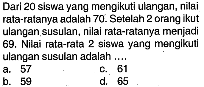 Dari 20 siswa yang mengikuti ulangan, nilai rata-ratanya adalah 70. Setelah 2 orang ikut ulangan susulan, nilai rata-ratanya menjadi 69. Nilai rata-rata 2 siswa yang mengikuti ulangan susulan adalah ....