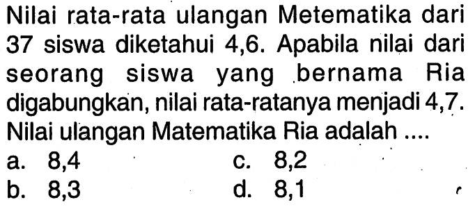 Nilai rata-rata ulangan Metematika dari 37 siswa diketahui 4,6. Apabila nilai dari seorang siswa yang bernama Ria digabungkan, nilai rata-ratanya menjadi 4,7. Nilai ulangan Matematika Ria adalah ....