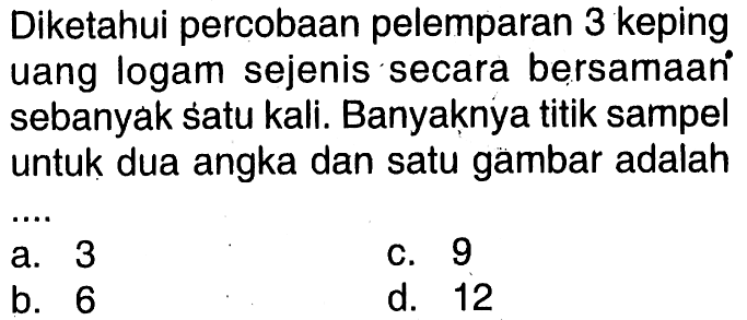 Diketahui percobaan pelemparan 3 keping uang logam sejenis secara bersamaañ sebanyak satu kali. Banyaknya titik sampel untuk dua angka dan satu gambar adalah