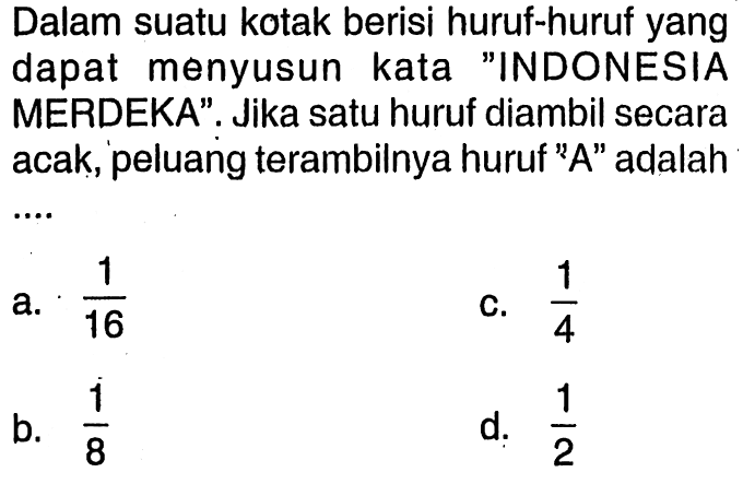 Dalam suatu kotak berisi huruf-huruf yang dapat menyusun kata 'INDONESIA MERDEKA'. Jika satu huruf diambil secara acak, peluang terambilnya huruf 'A' adalah ...