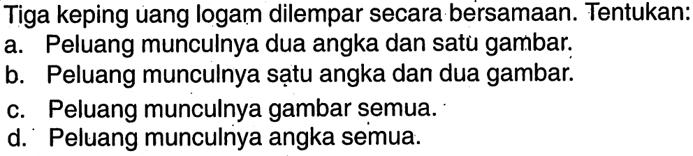 Tiga keping uang logam dilempar secara bersamaan. Tentukan:a. Peluang munculnya dua angka dan satü gambar.b. Peluang munculnya sạtu angka dan dua gambar.c. Peluang munculnya gambar semua.d. Peluang munculnya angka semua.