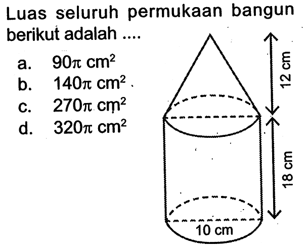 Luas seluruh permukaan bangun berikut adalah ... 12 cm 18 cm 10 cm