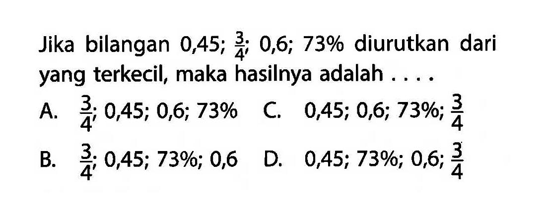 Jika bilangan 0,45; 3/4; 0,6; 73% diurutkan dari yang terkecil, maka hasilnya adalah .... A. 3/4; 0,45; 0,6; 73% B. 3/4; 0,45; 73%; 0,6 C. 0,45; 0,6; 73%; 3/4 D. 0,45; 73%; 0,6; 3/4