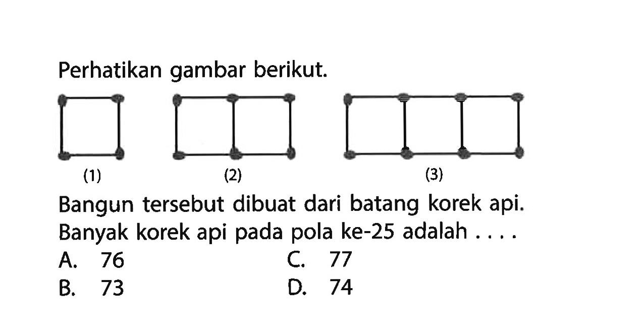 Perhatikan gambar berikut. (1) (2) (3) Bangun tersebut dibuat dari batang korek api. Banyak korek api pada pola ke-25 adalah... A. 76 C. 77 B. 73 D. 74