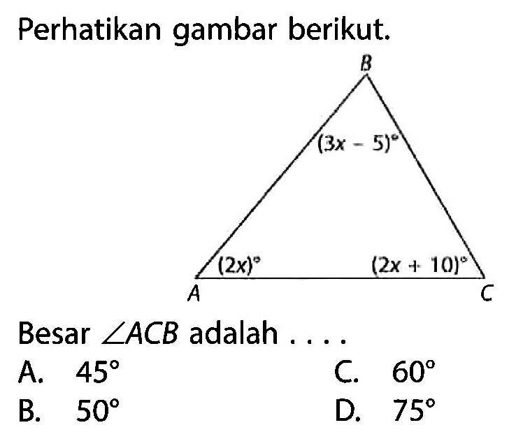 Perhatikan gambar berikut.Besar sudut ACB adalah ....