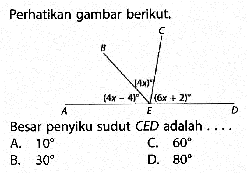 Perhatikan gambar berikut.Besar penyiku sudut CED adalah ....