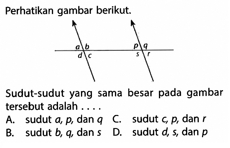 Perhatikan gambar berikut.Sudut-sudut yang sama besar pada gambar tersebut adalah ....