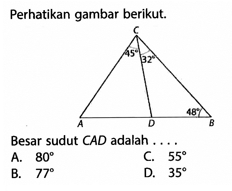 Perhatikan gambar berikut. C 45 32 48 A D BBesar sudut CAD adalah ....