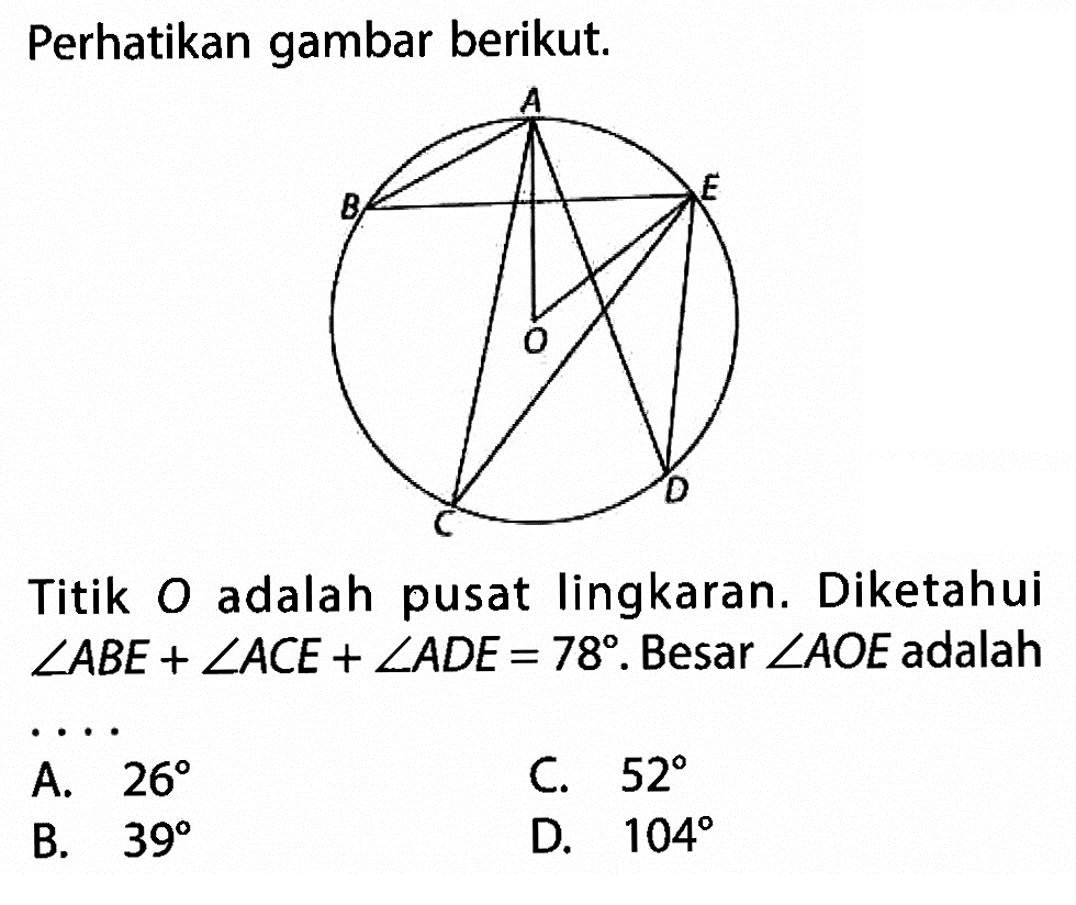 Perhatikan gambar berikut.Titik O adalah pusat lingkaran. Diketahui sudut ABE+sudut ACE+sudut ADE=78 . Besar sudut AOE adalah