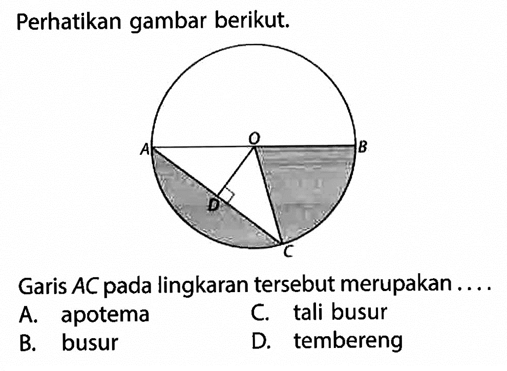 Perhatikan gambar berikut. Garis AC pada lingkaran tersebut merupakan ....A. apotema B. busur C. tali busur D. tembereng