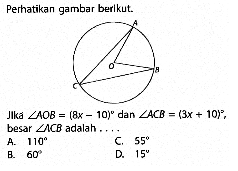 Perhatikan gambar berikut.Jika sudut AOB=(8x-10) dan sudut ACB=(3x+10), besar sudut ACB adalah ....