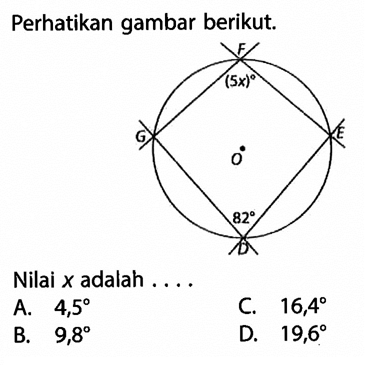 Perhatikan gambar berikut. F (5x) G O E D 82Nilai  x  adalah ....A.  4,5 C.  16,4 B.  9,8 D.  19,6 