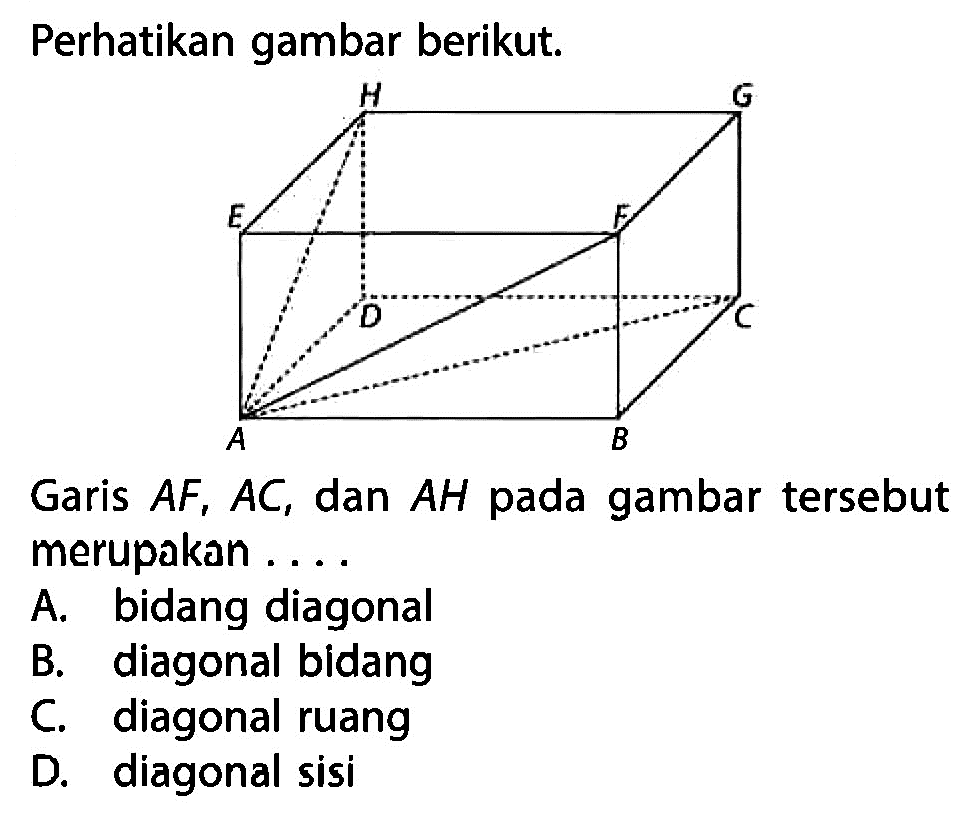 Perhatikan gambar berikut. H G E F D C A B Garis AF, AC, dan AH pada gambar tersebut merupakan ....