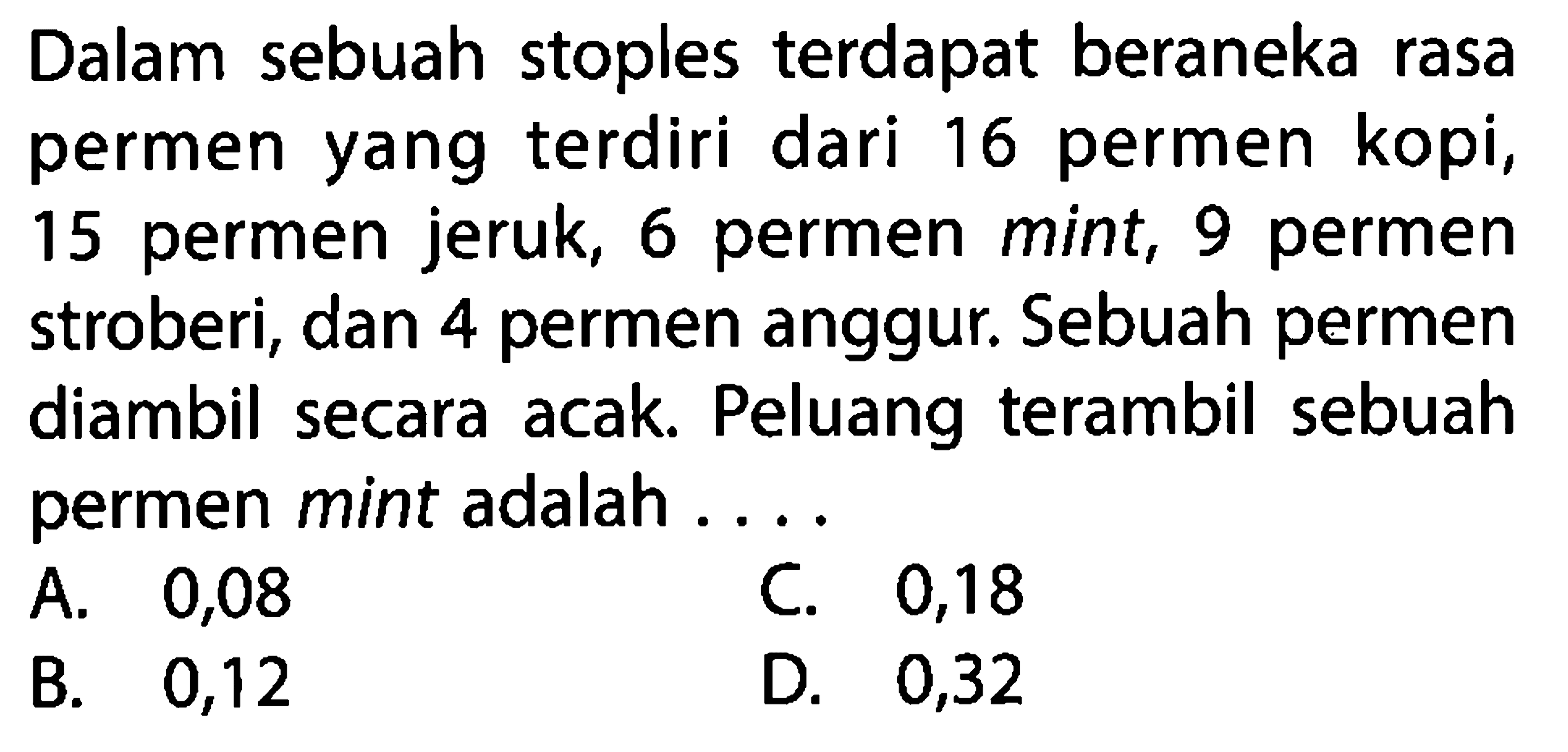 Dalam sebuah stoples terdapat beraneka rasa permen yang terdiri dari 16 permen kopi, 15 permen jeruk, 6 permen mint, 9 permen stroberi, dan 4 permen anggur. Sebuah permen diambil secara acak. Peluang terambil sebuah permen mint adalah ....