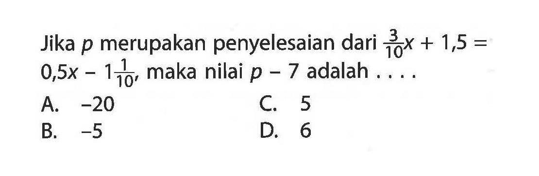 Jika p merupakan penyelesaian dari 3/10 x + 1,5 = 0,5 x - 1 1/10, maka nilai p - 7 adalah .... A. -20 B. -5 C. 5 D. 6