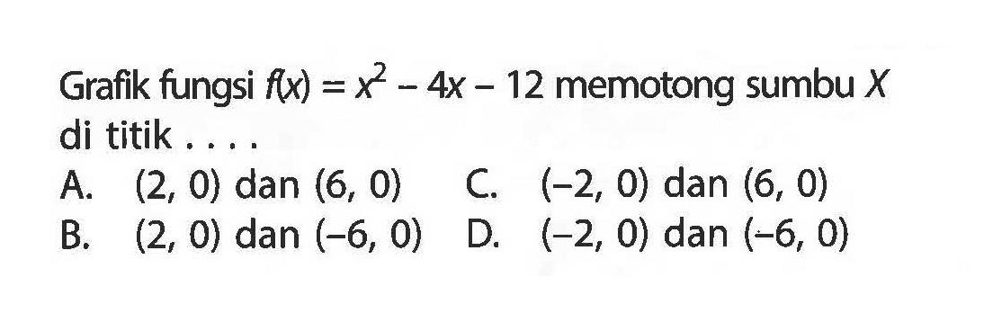 Grafik fungsi f(x) = x^2 - 4x - 12 memotong sumbu X di titik....