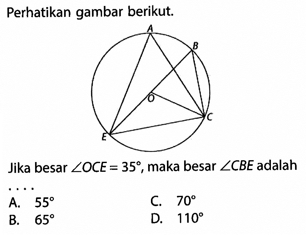 Perhatikan gambar berikut.Jika besar sudut OCE=35, maka besar sudut CBE adalah..A. 55 B. 65 C. 70 D. 110 