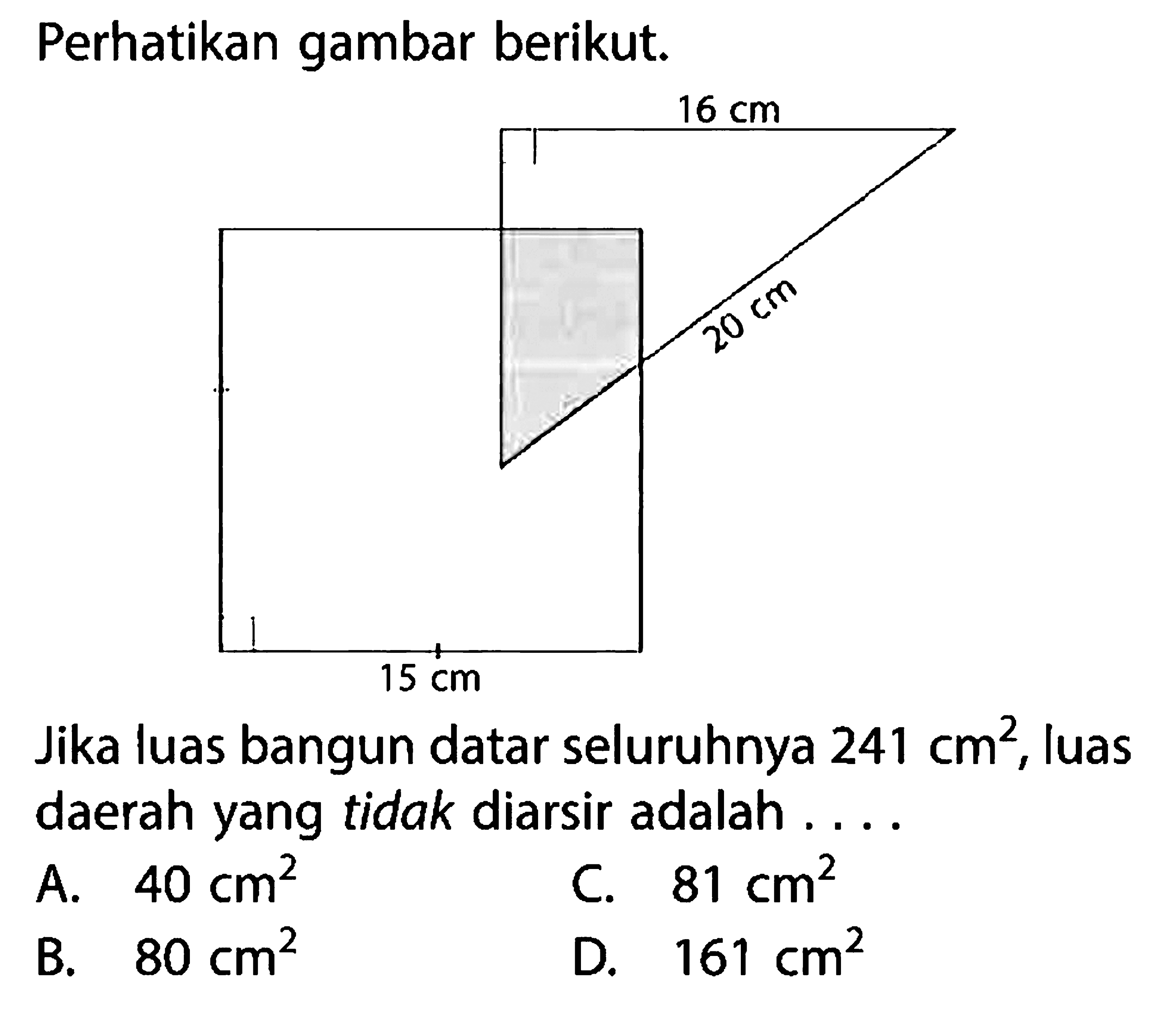 Perhatikan gambar berikut.16 cm20 cm15 cmJika luas bangun datar seluruhnya  241 cm^2 , luas daerah yang tidak diarsir adalah ....