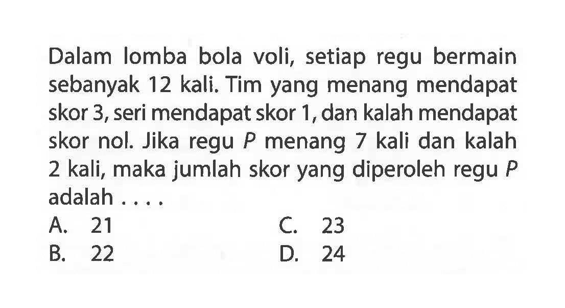 Dalam lomba bola voli, setiap regu bermain sebanyak 12 kali. Tim yang menang mendapat skor 3,seri mendapat skor 1,dan kalah mendapat skor nol. Jika regu P menang 7 kali dan kalah 2 kali, maka jumlah skor yang diperoleh regu P adalah . . . .