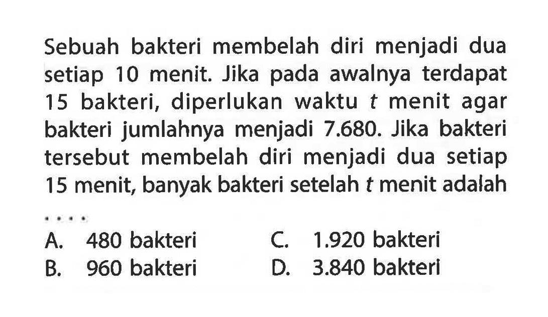 Sebuah bakteri membelah diri menjadi dua setiap 10 menit. Jika pada awalnya terdapat 15 bakteri, diperlukan waktu t menit agar bakteri jumlahnya menjadi 7.680. Jika bakteri tersebut membelah diri menjadi dua setiap 15 menit, banyak bakteri setelah t menit adalah ...