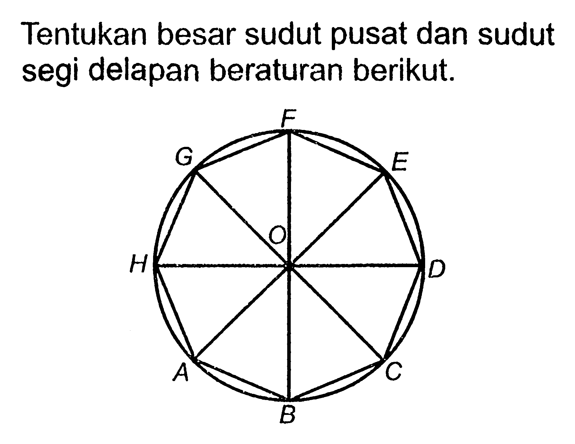 Tentukan besar sudut pusat dan sudut segi delapan beraturan berikut. F D E H O D A C B 