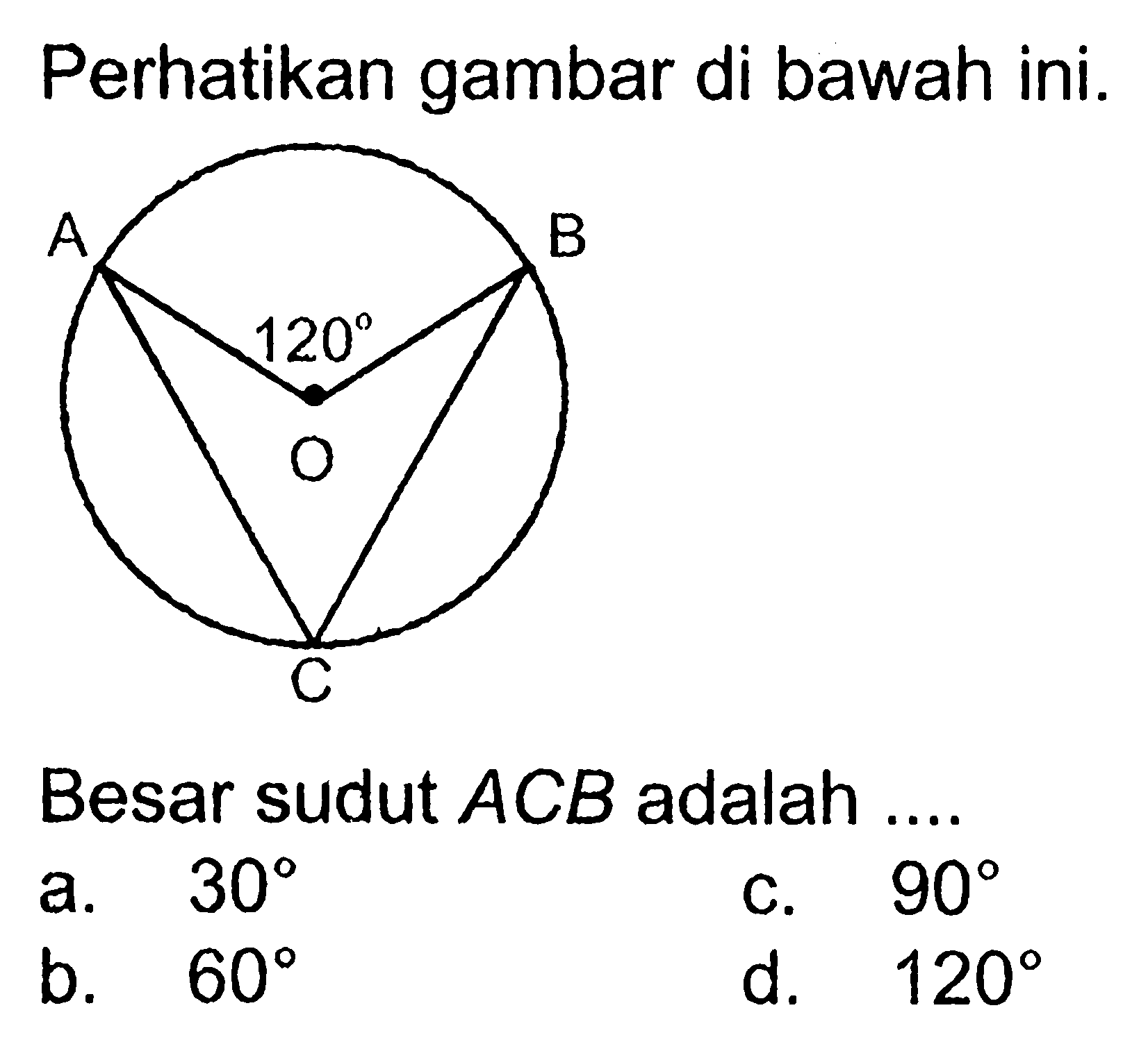 Perhatikan gambar di bawah ini.Besar sudut ACB adalah... 120