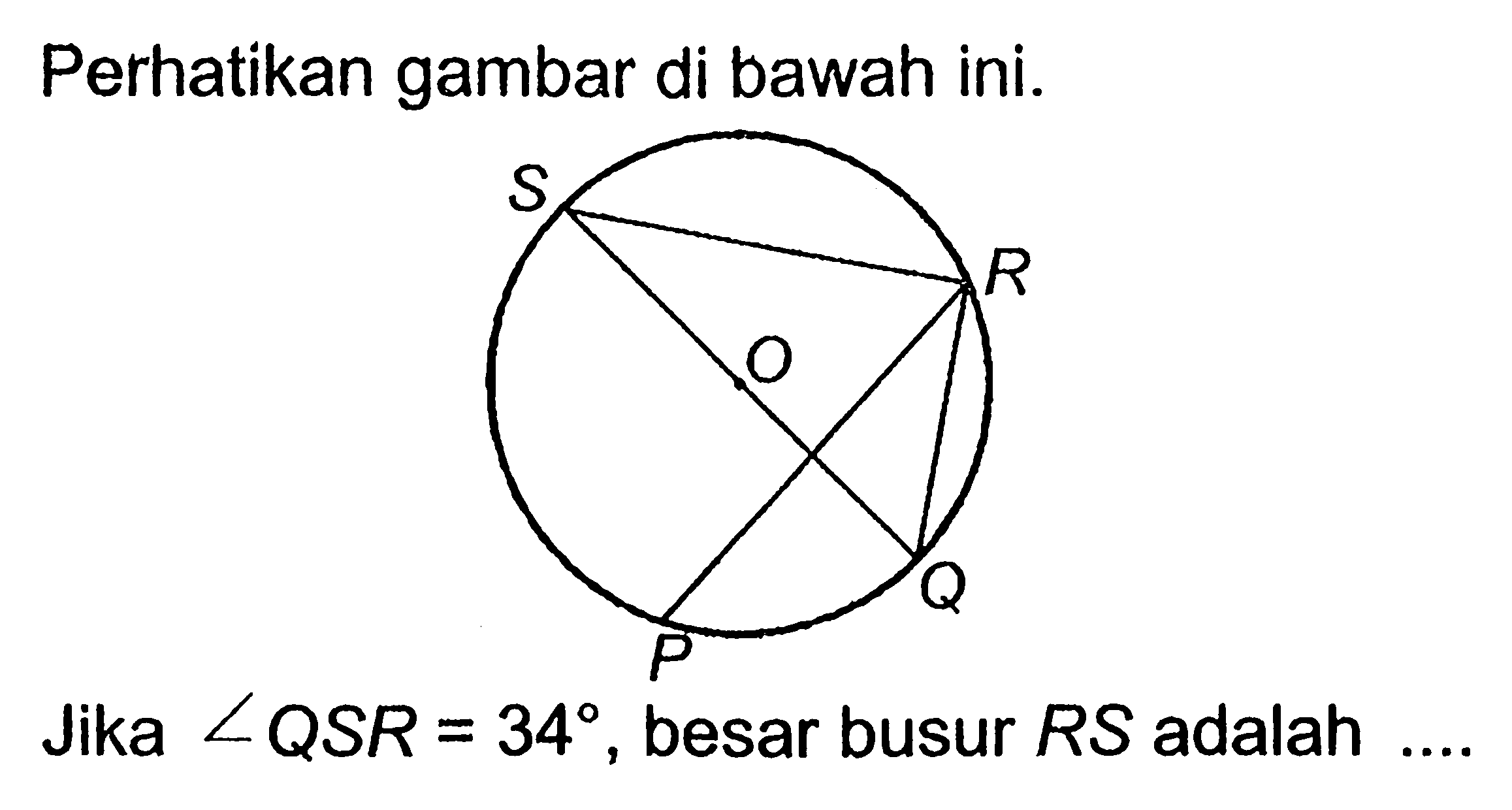 Perhatikan gambar di bawah ini.Jika sudut QSR=34, besar busur RS adalah...