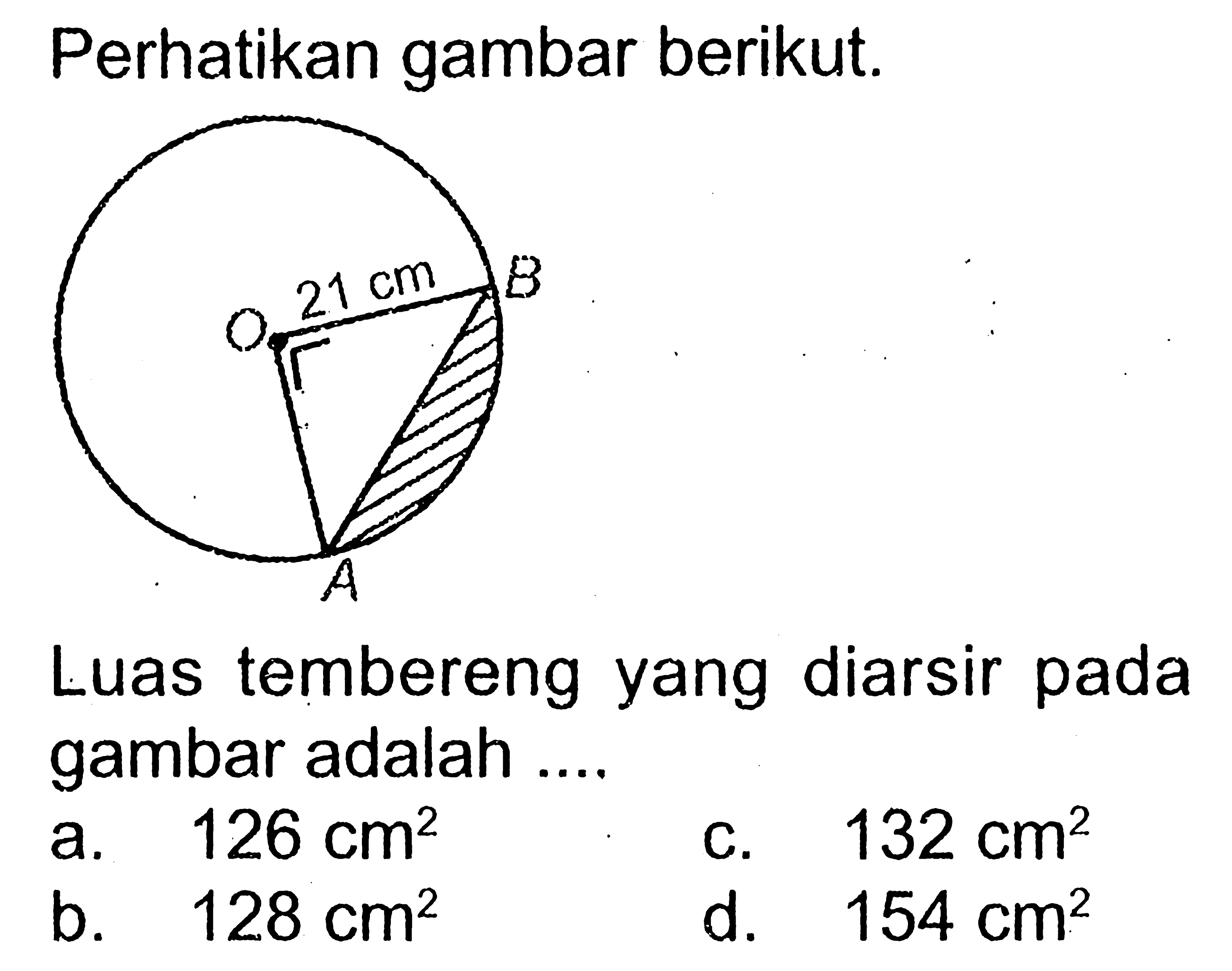 Perhatikan gambar berikut.Luas tembereng yang diarsir pada gambar adalah ....