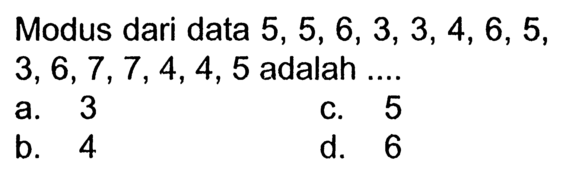 Modus dari data 5,5,6,3,3,4,6,5,3,6,7,7,4,4,5 adalah ....