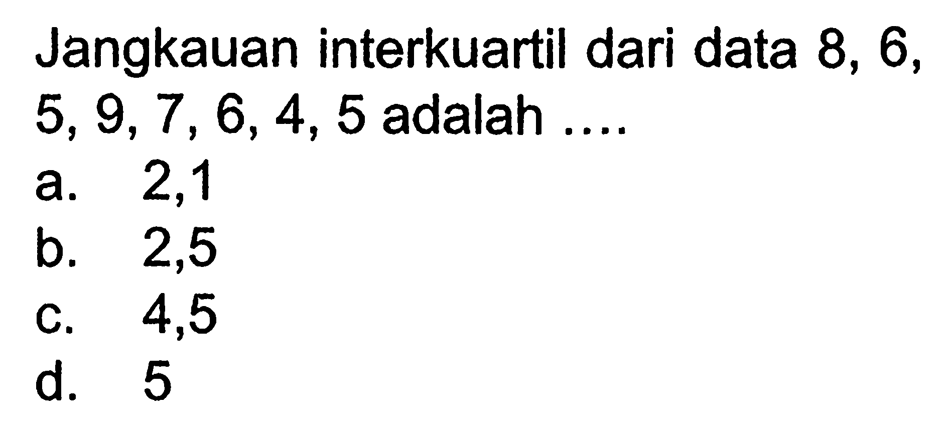 Jangkauan interkuartil dari data 8,6,5,9,7,6,4,5 adalah ....