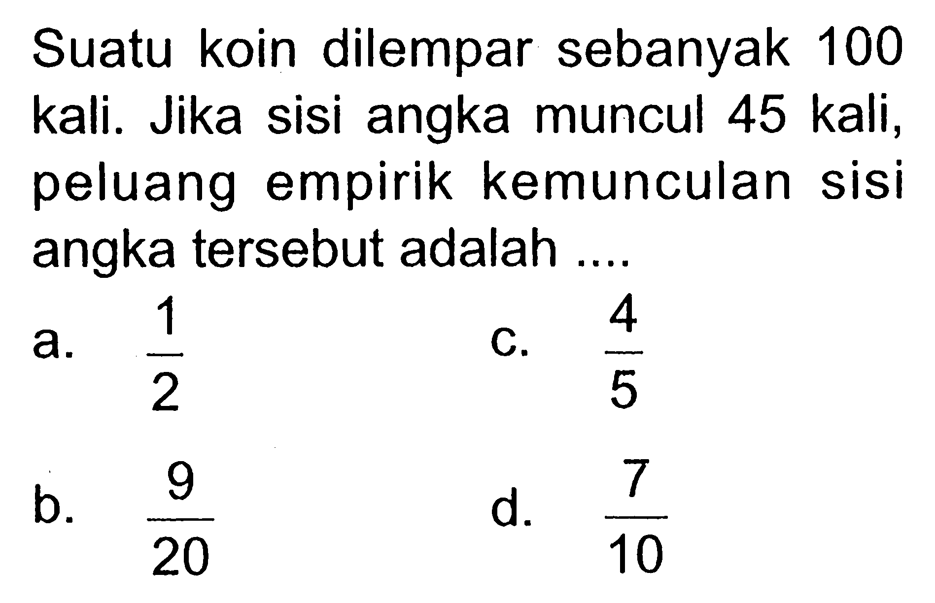 Suatu koin dilempar sebanyak 100 kali. Jika sisi angka muncul 45 kali, peluang empirik kemunculan sisi angka tersebut adalah ....