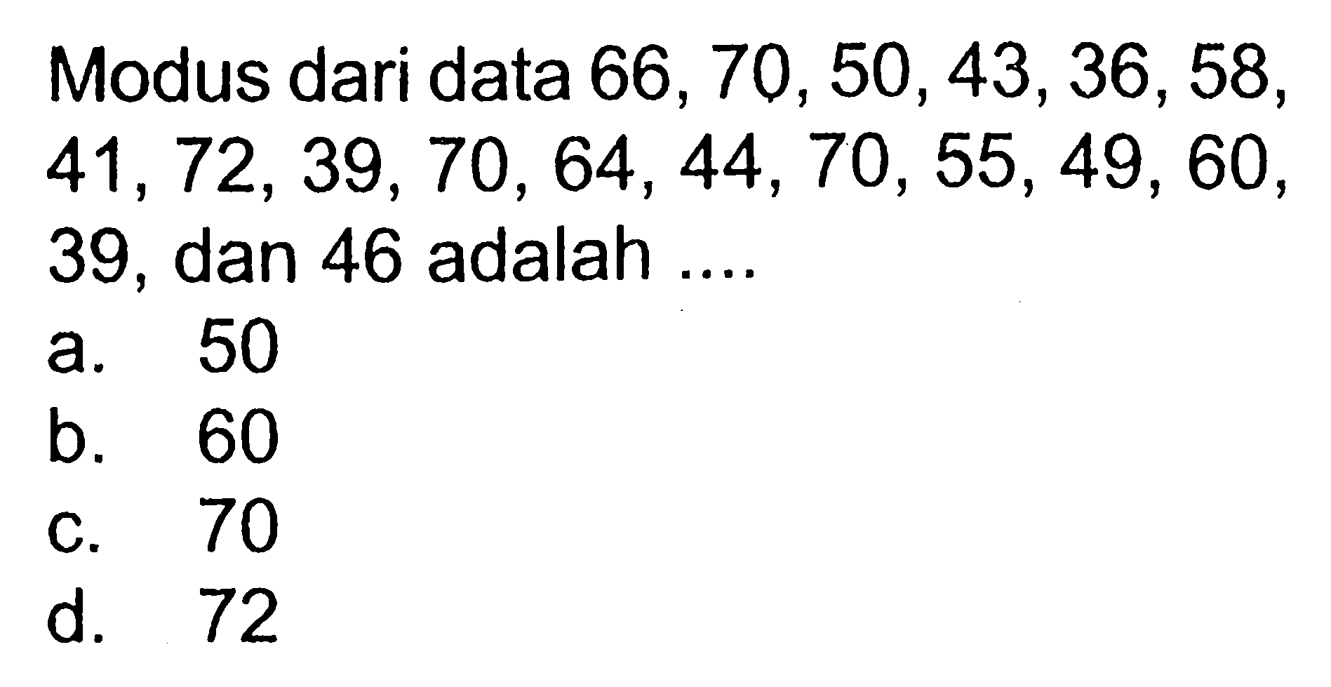 Modus dari data 66,70,50,43,36,58, 41,72,39,70,64,44,70,55,49,60,39, dan 46 adalah....