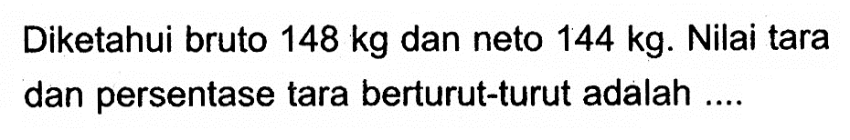 Diketahui bruto  148 kg  dan neto  144 kg. Nilai tara dan persentase tara berturut-turut adalah ....