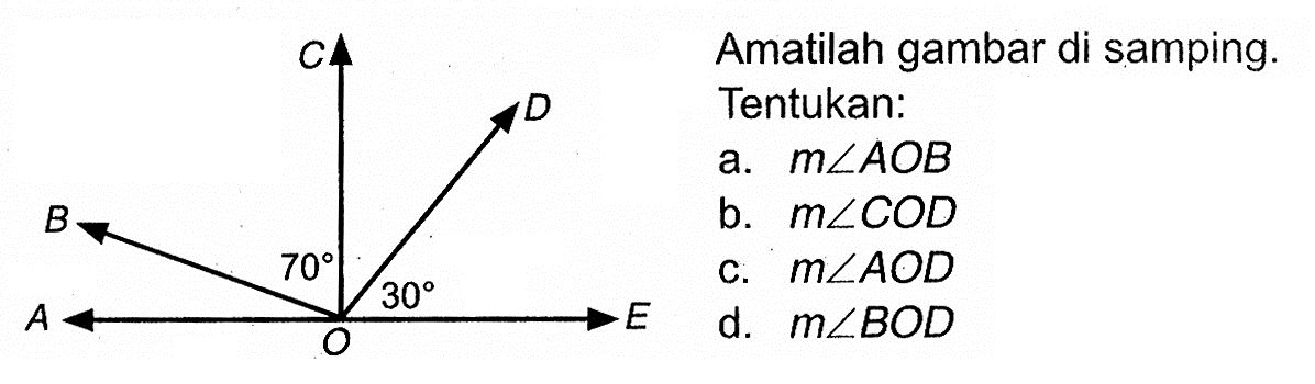 Amatilah gambar di samping. Tentukan: A B C D E O 70 30 a. m sudut AOB b. m sudut COD c. m sudut AOD d. m sudut BOD 