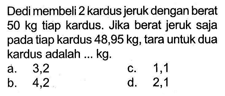 Dedi membeli 2 kardus jeruk dengan berat  50 kg  tiap kardus. Jika berat jeruk saja pada tiap kardus  48,95 kg , tara untuk dua kardus adalah ... kg.