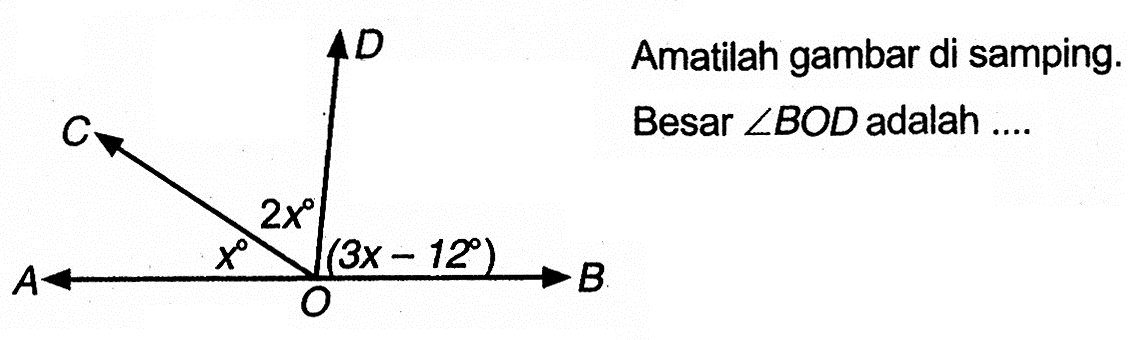 Amatilah gambar di samping. Besar sudut BOD adalah ....A C D O B x 2x (3x-12)