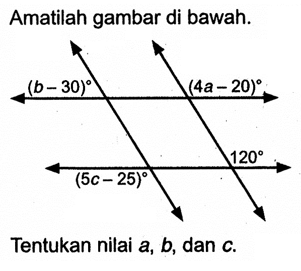 Amatilah gambar di bawah.(b-30) (4a-20) (5c-25) 120Tentukan nilai a, b, dan c. 