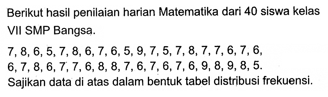 Berikut hasil penilaian harian Matematika dari 40 siswa kelas VII SMP Bangsa. 7,8,6,5,7,8,6,7,6,5,9,7,5,7,8,7,7,6,7,6,6,7,8,6,7,7,6,8,8,7,6,7,6,7,6,9,8,9,8,5. Sajikan data di atas dalam bentuk tabel distribusi frekuensi.