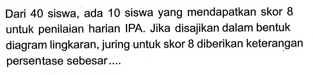 Dari 40 siswa, ada 10 siswa yang mendapatkan skor 8 untuk penilaian harian IPA. Jika disajikan dalam bentuk diagram lingkaran, juring.untuk skor 8 diberikan keterangan persentase sebesar....