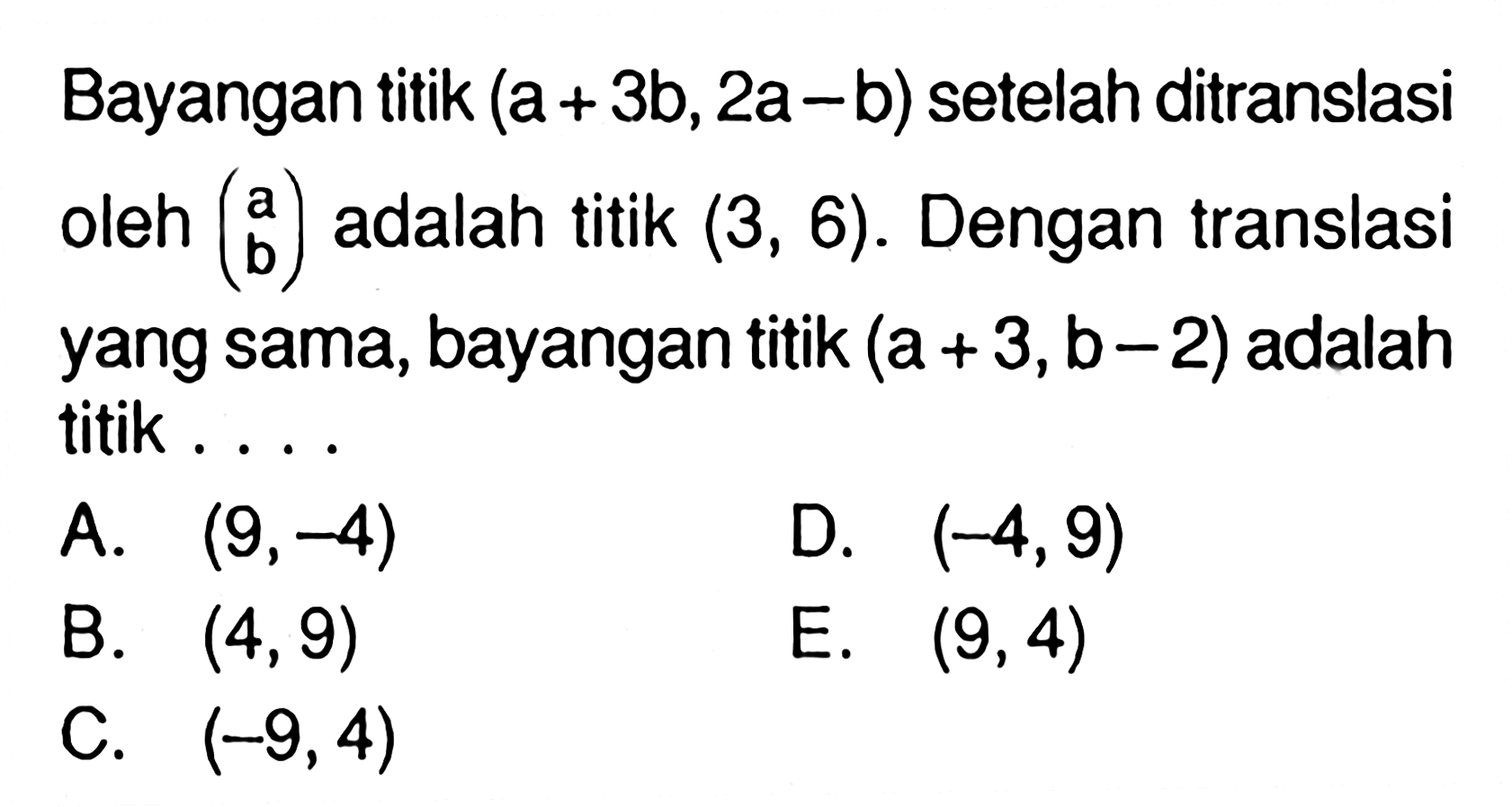 Bayangan titik (a+3b, 2a-b) setelah ditranslasi oleh (a b) adalah titik (3, 6). Dengan translasi yang sama, bayangan titik (a+3, b-2) adalah titik .... 