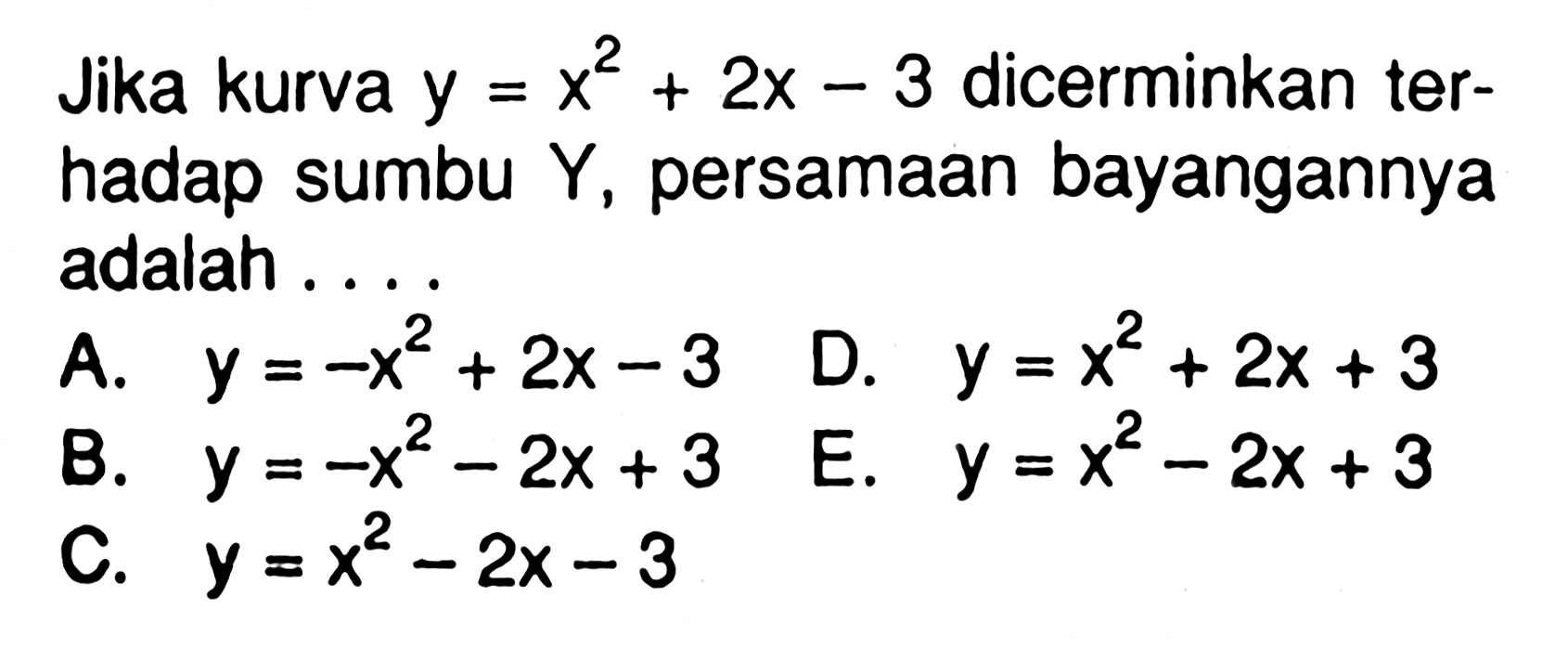 Jika kurva y=x^2+2x-3 dicerminkan ter-hadap sumbu Y, persamaan bayangannya adalah . . .