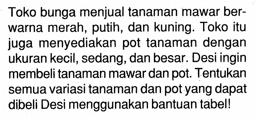 Toko bunga menjual tanaman mawar berwarna merah, putih, dan kuning. Toko itu juga menyediakan pot tanaman dengan ukuran kecil, sedang, dan besar. Desi ingin membeli tanaman mawar dan pot. Tentukan semua variasi tanaman dan pot yang dapat dibeli Desi menggunakan bantuan tabel!