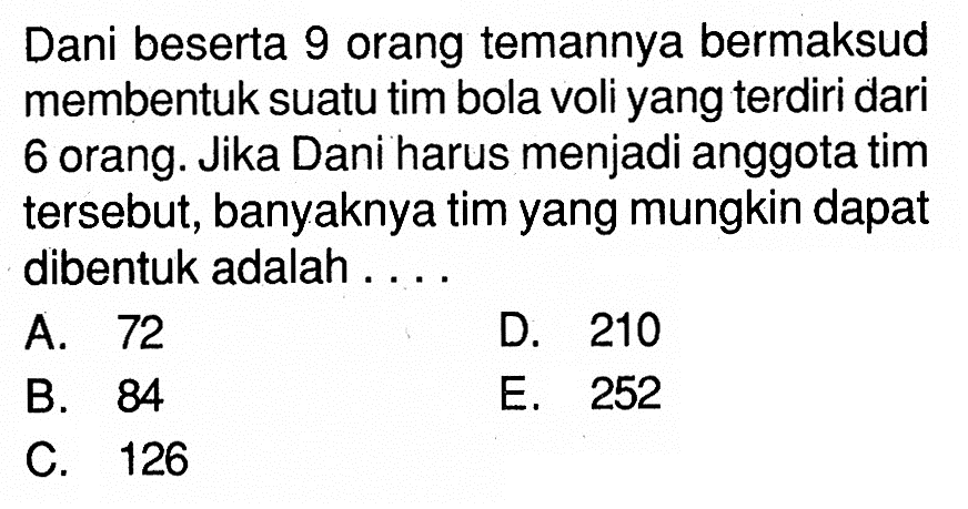 Dani beserta 9 orang temannya bermaksud membentuk suatu tim bola voli yang terdiri dari 6 orang. Jika Dani harus menjadi anggota tim tersebut, banyaknya tim yang mungkin dapat dibentuk adalah ....
