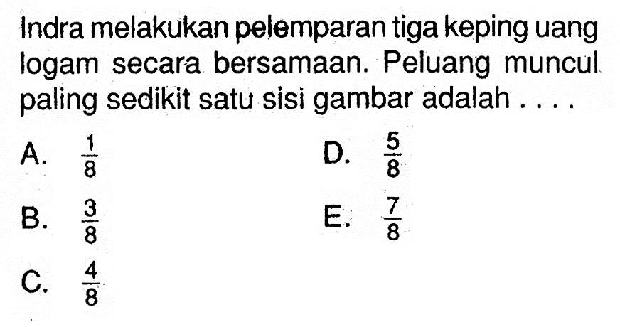 Indra melakukan pelemparan tiga keping uang logam secara bersamaan. Peluang muncul paling sedikit satu sisi gambar adalah ...