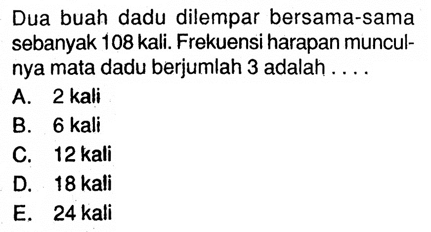 Dua buah dadu dilempar bersama-sama sebanyak 108 kali. Frekuensi harapan munculnya mata dadu berjumlah 3 adalah ....