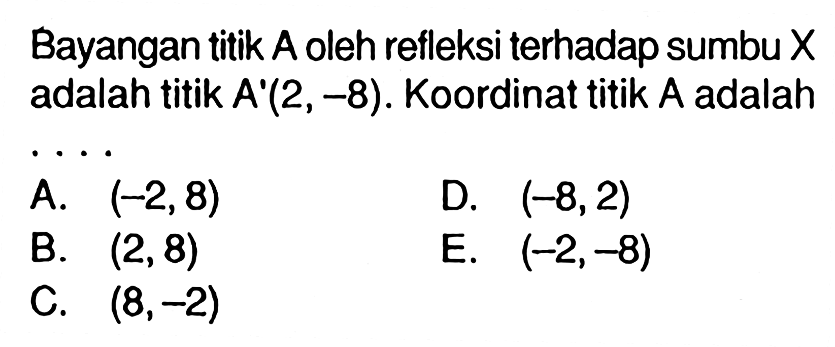 Bayangan titik A oleh refleksi terhadap sumbu X adalah titik A'(2,-8). Koordinat titik A adalah . . . .