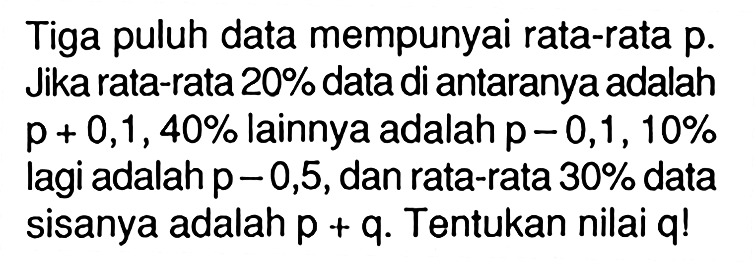 Tiga puluh data mempunyai rata-rata p. Jika rata-rata 20% data di antaranya adalah p + 0,1, 40% lainnya adalah p - 0,1, 10% lagi adalah p-0,5,dan rata-rata 30% data sisanya adalah p + q. Tentukan nilai q!