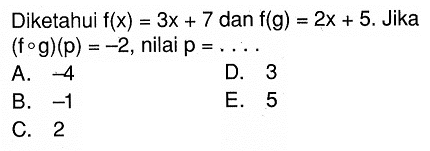 Diketahui f(x)=3x+7 dan f(g)=2x+5. Jika (fog)(p)=-2, nilai p= ...